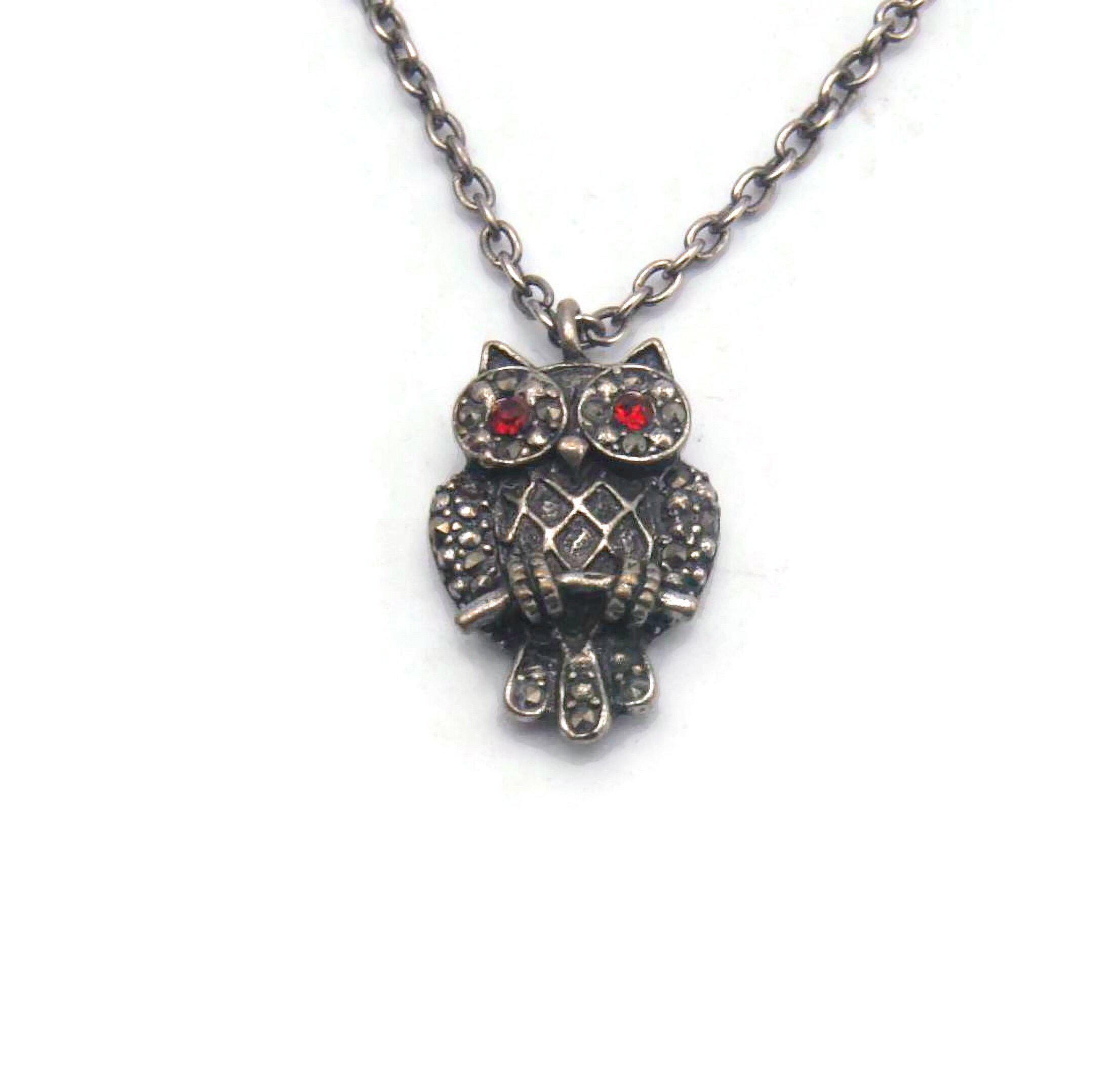 Owl Pendant Necklace Vintage Silver Tone, Marcasite & Red Rhinestones Owl Pendant, 18" Neck