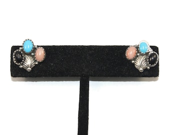 Vintage Richard Begay Navajo Sterling Silver Turquoise, Coral and Onyx Stud Earrings with Post Backs for Pierced Ears. RB Sterling Hallmark.