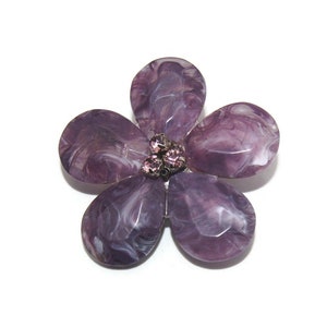 1970s Vintage Silver Tone, Amethyst Purple Rhinestones and Marbled Purple Lucite Flower Brooch.