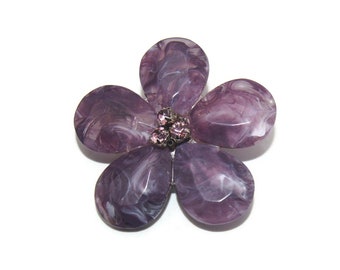 1970s Vintage Silver Tone, Amethyst Purple Rhinestones and Marbled Purple Lucite Flower Brooch.