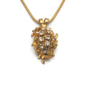 Vintage Gold Tone and Clear Rhinestone Pendant on 18 Inch Gold Tone Snake Chain with Lobster Claw Clasp, Abstract Pendant Necklace.