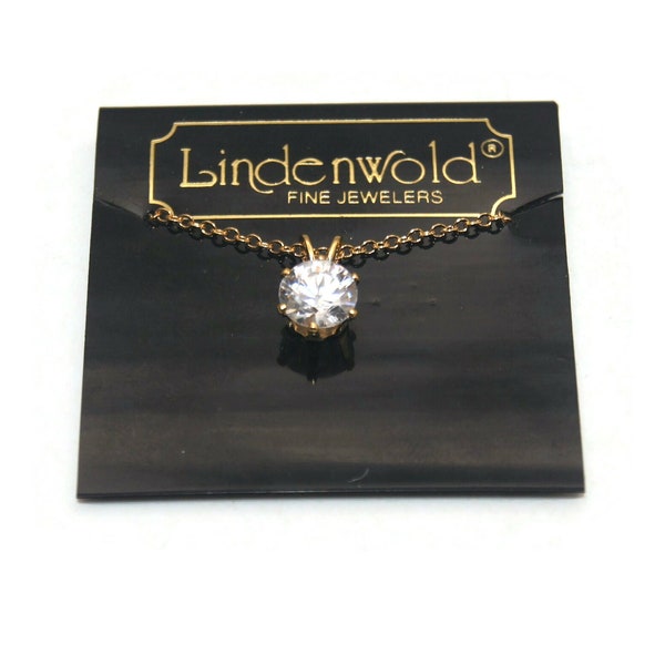 Vintage Lindenwold Clear Crystal Round Pendant on Gold Tone Chain with Spring Ring Clasp. New on Card.