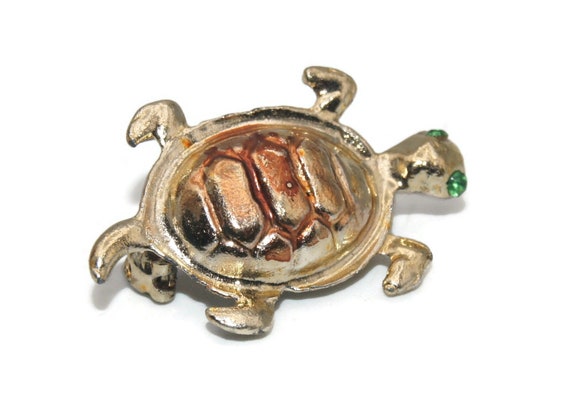 Vintage Gold Tone and Brown Enamel Turtle Brooch … - image 2