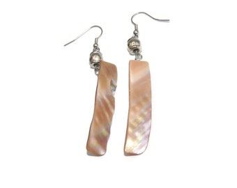 Vintage Silver Tone and Carved Mother of Pearl Dangle Earrings with Hook Backs for Pierced Ears.