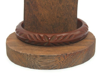 Vintage Brown Carved Bakelite 8 Inch Bangle Bracelet.