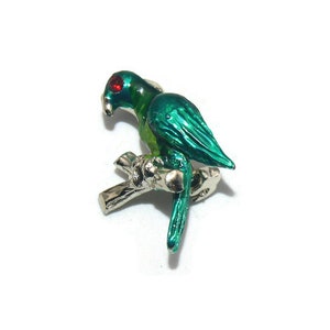 Vintage Silver Tone, Green Enamel and Red Rhinestone Bird on a Branch Brooch.