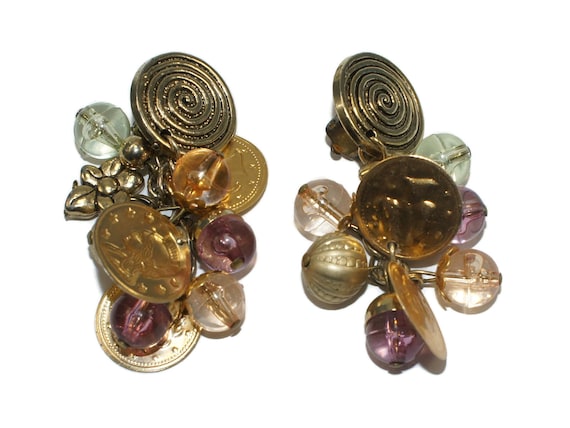 Vintage Gold Tone Flower and Faux Coins with Pink… - image 2