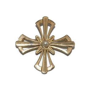 Vintage Gold Tone and Faux Pearl Maltese Cross Brooch.