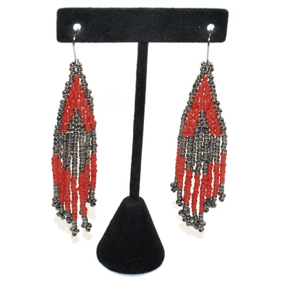 Hand Crafted Vintage Silver Tone Red and Black Seed BeadQuills Dangle Earrings