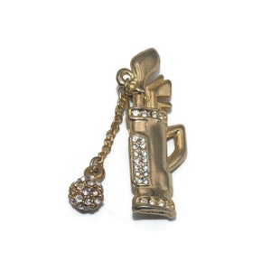 Vintage Gold Tone and Clear Rhinestones Golf Bag and Clubs Brooch.