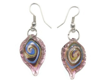 Vintage Silver Tone and Lamp Work Glass Dangle Earrings with Hook Backs for Pierced Ears.