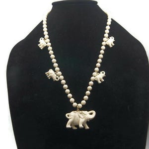 Elephant Beaded Necklace, Vintage Elephants & Rose Bead Necklace, Celluloid Elephant Necklace, Elephant Jewelry, Elephant Necklace.