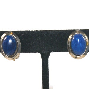 Vintage Gold Tone and Blue Resin Oval Domed Clip on Earrings.