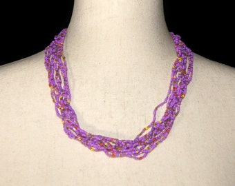 Vintage Silver Tone, Purple, Yellow, Red and Orange Glass Seed Beaded 23 to 25 Inch 9 Strand Necklace with Lobster Claw Clasp.