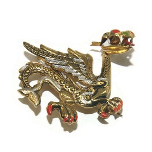 Vintage Gold Ton Damascene 3D Drachen Brosche. Markiert Spanien.