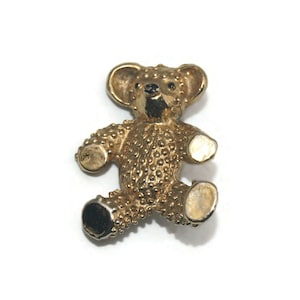 Vintage Gold Tone and Black Enamel Teddy Bear Brooch.