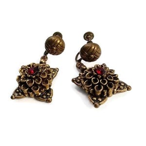 Vintage Brass Tone and Faux Ruby Chrysanthemum Dangle Screw Back Earrings.