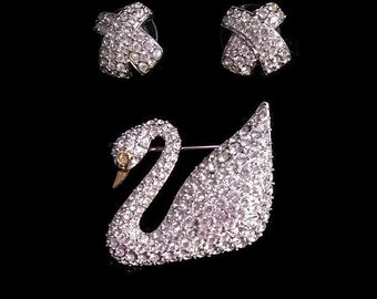 Vintage Swan Brooch and "X" Post Back Earrings Swarovski Crystal, Rhodium Plated Metal. Each with Swarovski Swan Logo on Back. Wedding.