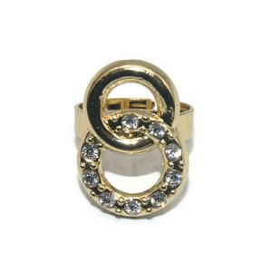 Vintage Gold Tone and Clear Rhinestones Size 8 Adjustable Statement Ring.