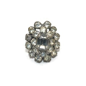 Vintage Silver Tone and Clear Rhinestones Size 7 Adjustable Cocktail Ring.