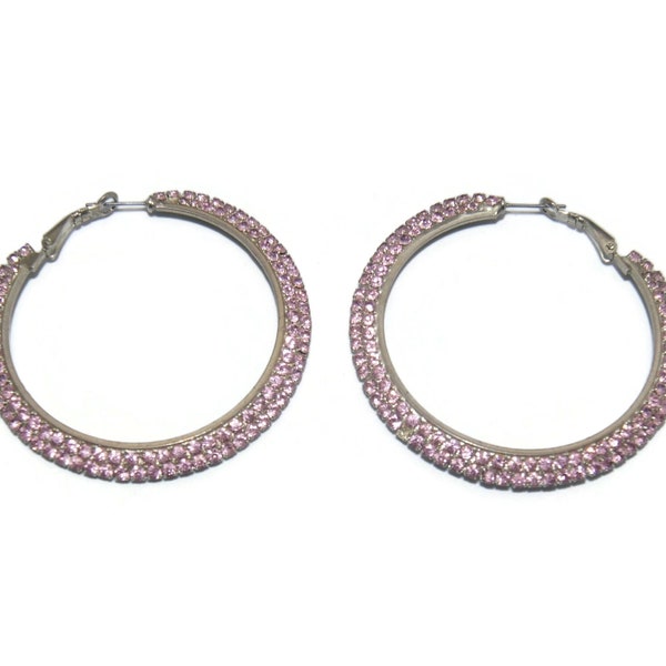 Glitzy Vintage Silver Tone and Pink Rhinestones Hoop Earrings with Latch Backs for Pierced Ears.