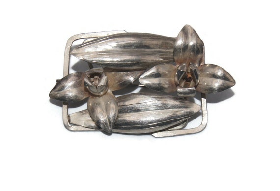 Vintage Sterling Silver 3D Rectangular Floral Bro… - image 1