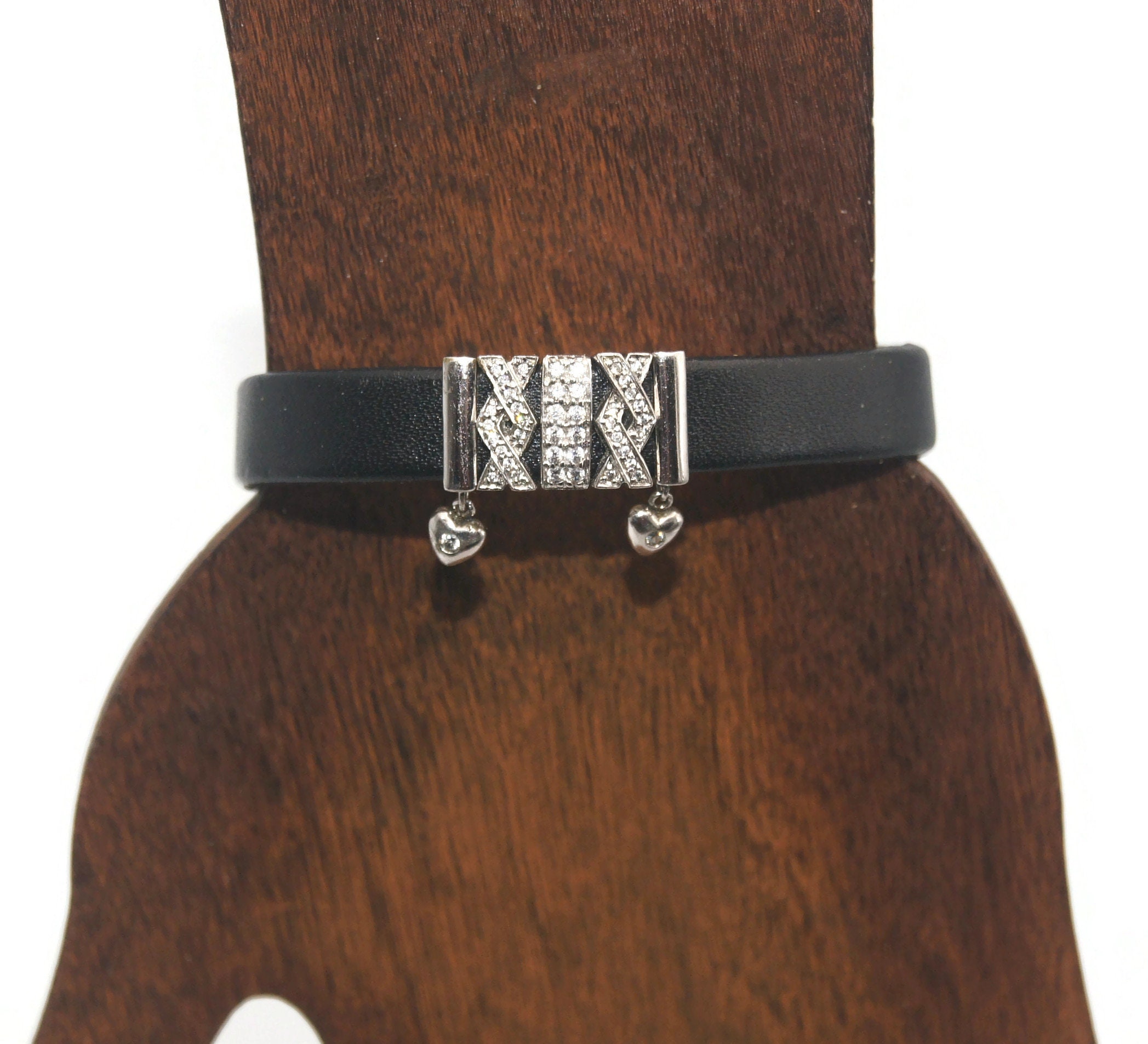Vintage Sterling Silver and Clear Czs Black Leather Buckle