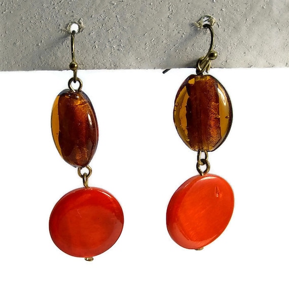 Vintage Orange and Amber Glass Bead Silver Tone D… - image 1