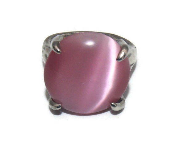 Chunky Vintage Silver Tone and Oval Pink Glass Ca… - image 3