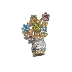 Vintage Gold Tone and Multi Color Rhinestones Flower Pot Brooch.
