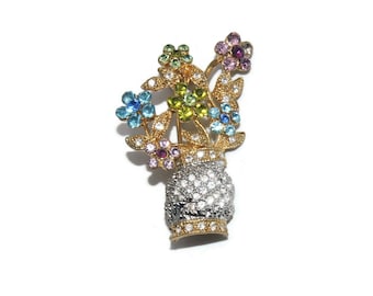 Vintage Gold Tone and Multi Color Rhinestones Flower Pot Brooch.