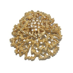 Large Vintage Textured Gold Tone and Rhinestones Open Work Flower Brooch.