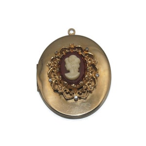 Large Vintage Gold Tone with White and Orange Resin Cameo Oval Locket Pendant.