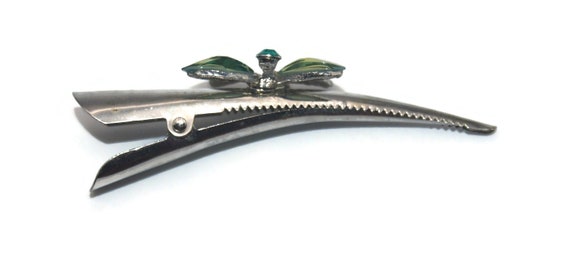 Vintage Silver Tone, Green Plastic and Green Rhin… - image 2