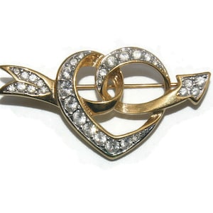 Vintage Swarovski Gold Tone and Clear Crystals Heart and Arrow Brooch. Swarovski Swan Logo.