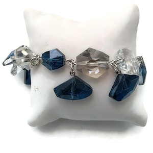 Vintage Silver Tone Sapphire Blue and Crystal Clear Glass Beaded Link Bracelet, Lobster Claw Clasp. Dangling and Stationary Beads.