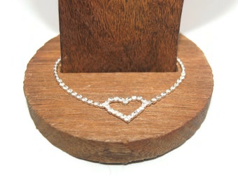 Vintage Avon Silver Tone and Clear Rhinestones 9 Inch Heart Anklet with Spring Ring Clasp.
