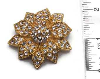 Broche Ancienne Élégante - Fleur Dorée Avec Strass Brillants - Bijou Vintage - Occasion
