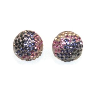 Vintage Silver Tone, Black, Purple, Pink and Clear Rhinestone Round Domed Stud Earrings with Post Backs for Pierced Ears.