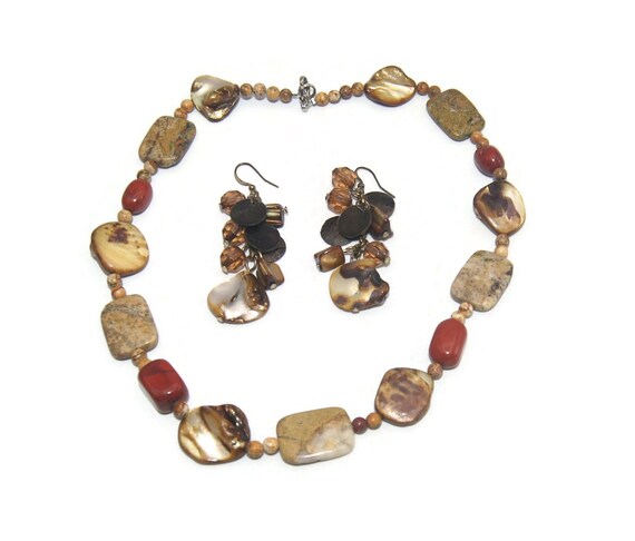 Vintage Mother of Pearl, Brown and Red Jasper Bea… - image 1