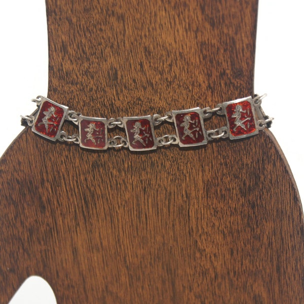 Vintage Siam Sterling Silver 7 Inch Link Bracelet Depicting Mekkalah Goddess of Lightning with Slide Lock Clasp. Marked Siam Sterling.