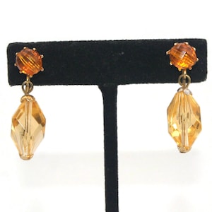 Vintage Gold Tone and Orange Acrylic Clip on Dangle Earrings Marked Hong Kong