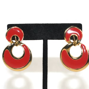 Vintage Gold Tone and Red Enamel Dangle Door Knocker Clip on Earrings.