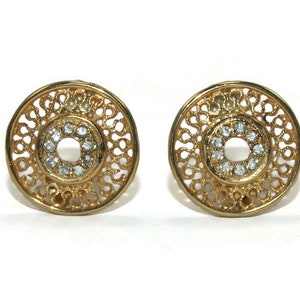 Vintage Gold Tone and Rhinestones Round Clip on Earrings.
