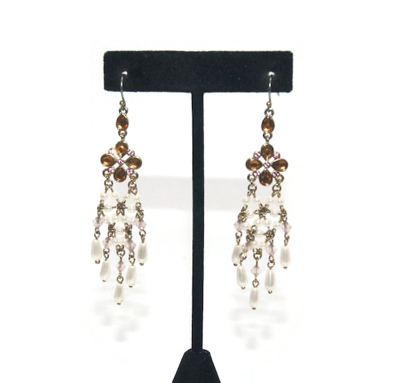 [LLOYD] 14K☆Curveline Pearl Point Earrings INC Gold-Tone Disc & Imitation Pearl Shaky Linear Drop