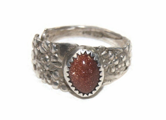 Vintage Sterling Silver Oval Goldstone Floral Des… - image 1