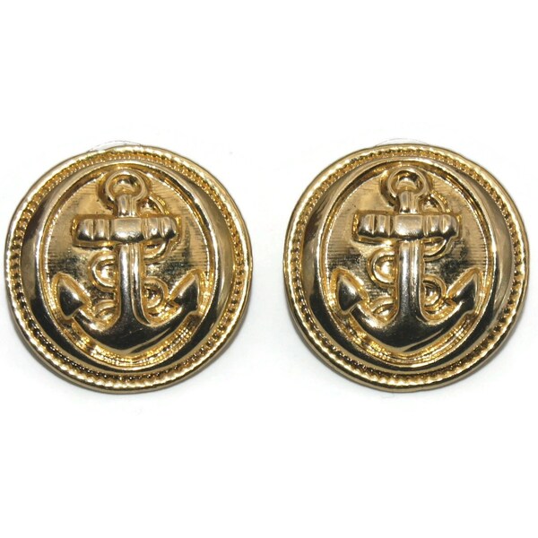 Vintage Gold Tone Round Fouled Anchor Stud Earrings with Post Backs for Pierced Ears.