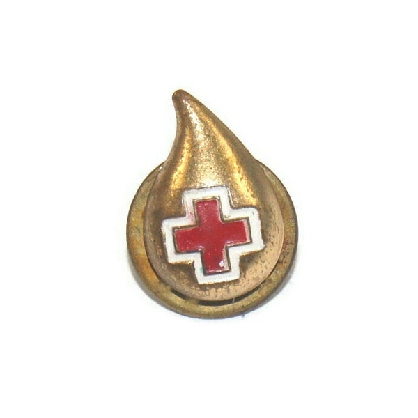 Vintage Ballou Gold Tone, Red and White Enamel American Red Cross Blood Donor Lapel Pins. Ballou Hallmark.