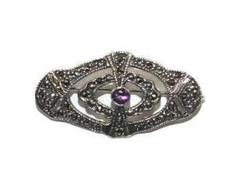 Vintage Art-Deco-Brosche aus Sterlingsilber, Markasit und Amethyst. Gestempelt 925.