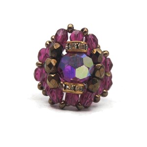 Fuchsia Pink Ring, Vintage Fuchsia Pink & Gold Tone Beaded Cord Ring, Statement Ring, Cocktail Ring, Beaded Ring, Gift for Her. Size 5 Ring.
